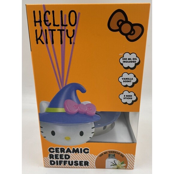 HELLO KITTY Face In Witch Hat Halloween Ceramic Reed Diffuser Vanilla In Box O04 - Picture 1 of 11